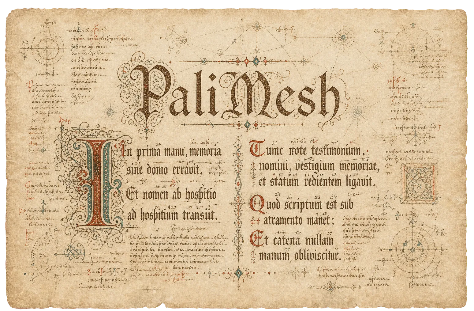 An ornate medieval-style PaliMesh codex page with dense Latin script and a faint network diagram